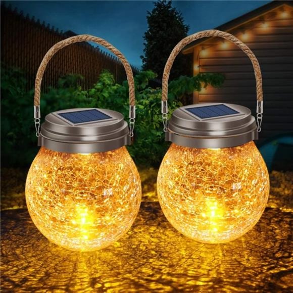 Solar Lantern Crackle Glass Ball, Waterproof Solar Garden Decor Lights ,2 Pack - Picture 1 of 6